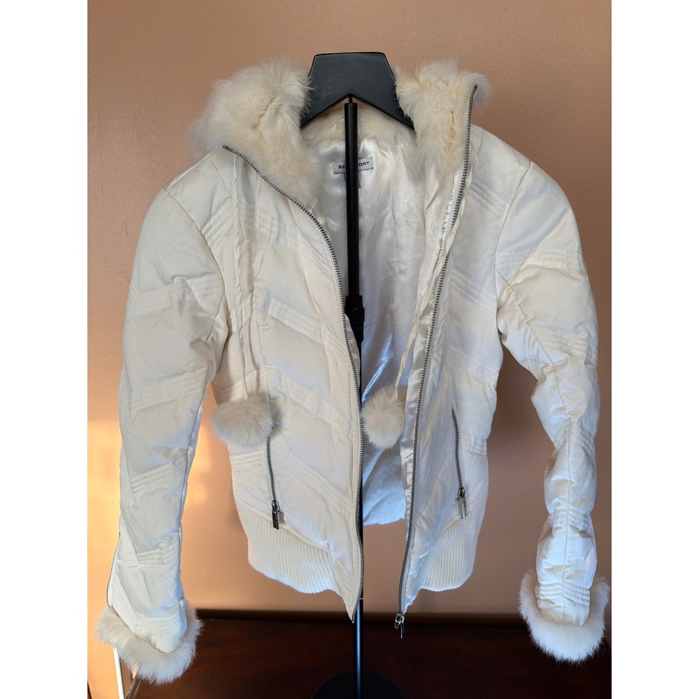 Bebe Sport White Down Puffer Jacket Real Rabbit Fur Trim Hooded Pom Pom Small